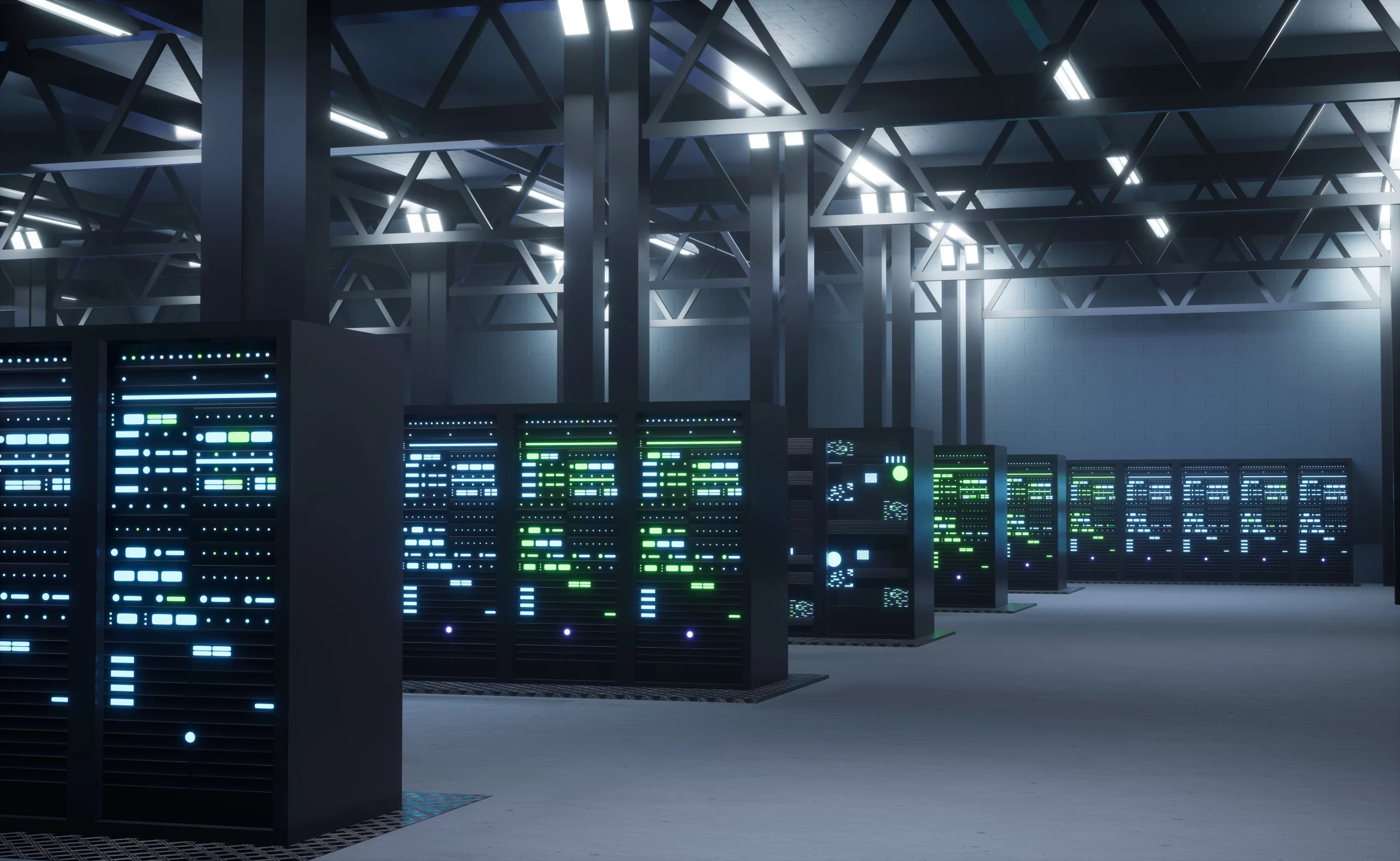 Illustration of high-density networking racks and fiber connectivity