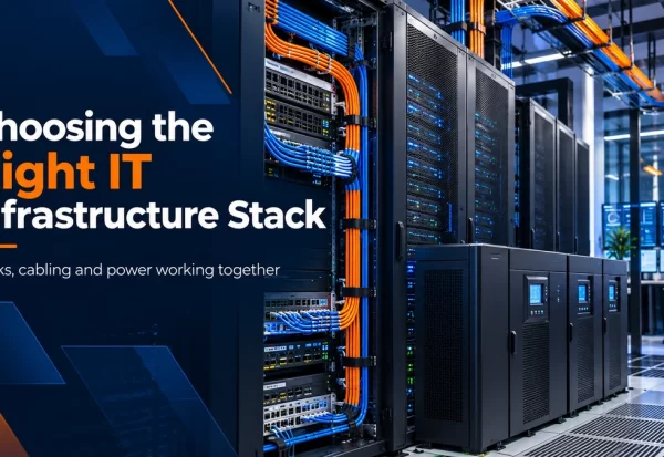 choosing_the_right_it_infrastructure_stack Integrated enterprise IT stack with racks structured fiber copper networking and UPS units