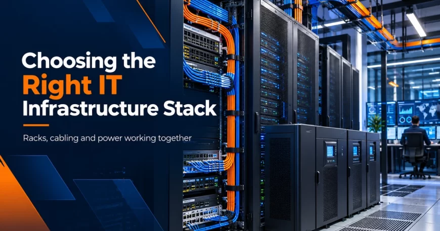Integrated enterprise IT stack with racks structured fiber copper networking and UPS units
