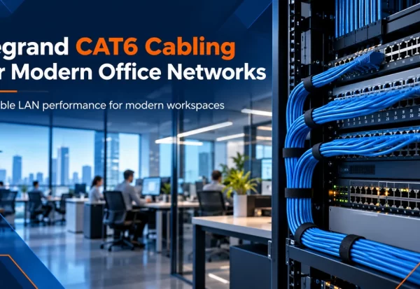 legrand_cat6_cabling_for_modern_office_networks Blue CAT6 ethernet cabling connected to patch panels in a modern office networking rack
