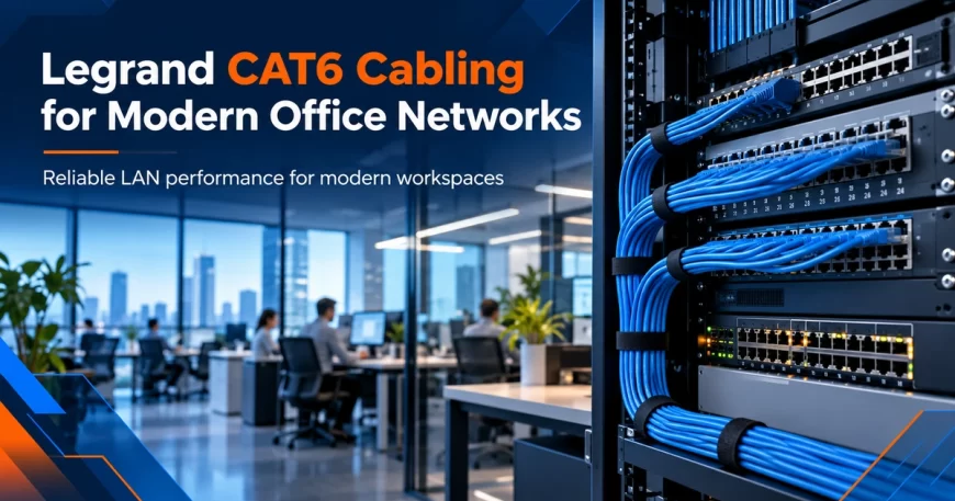Blue CAT6 ethernet cabling connected to patch panels in a modern office networking rack