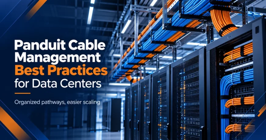 Overhead data center cable trays and neatly routed blue and orange network cables in racks