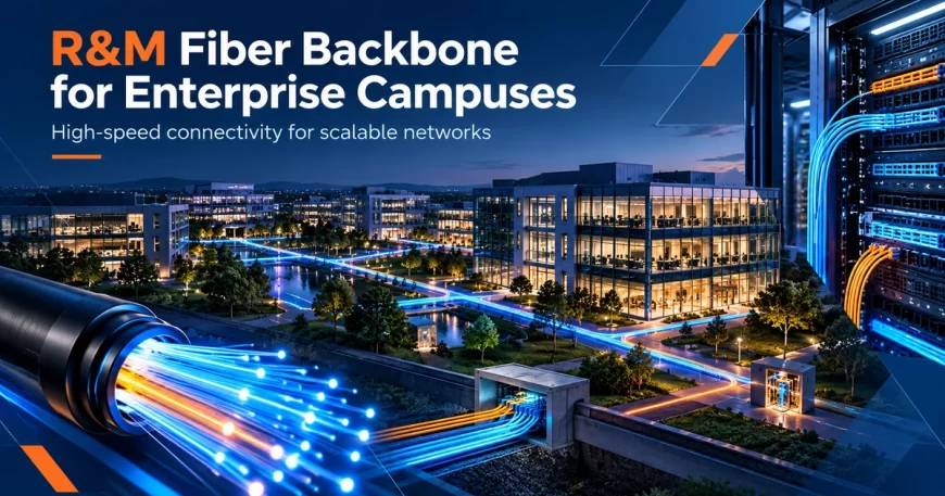 High-speed fiber backbone connecting buildings across an enterprise campus with distribution racks
