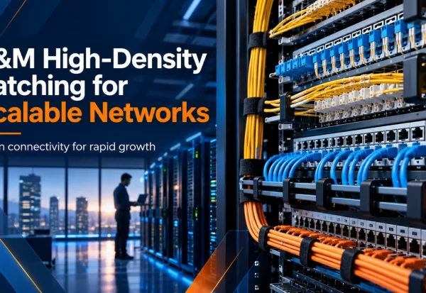 r_and_m_high_density_patching_for_scalable_networks Close-up of high-density fiber patch panels with neat blue and orange patch cords