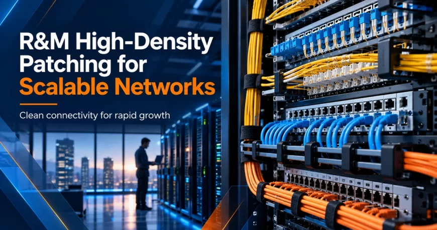 Close-up of high-density fiber patch panels with neat blue and orange patch cords