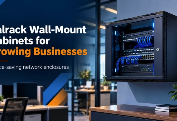 valrack_wall_mount_cabinets_for_growing_businesses Compact wall-mounted network cabinet holding switches patch panels and organized blue cables in a modern office