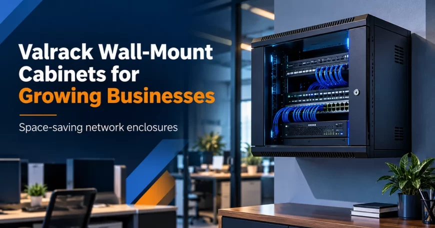 Compact wall-mounted network cabinet holding switches patch panels and organized blue cables in a modern office