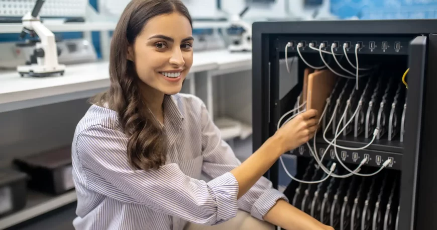 woman-crouching-near-special-equipment-smiling-camera